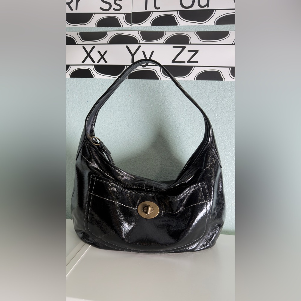 vintage Coach Ergo Turnlock hobo bag in black patent leather, style number 11009